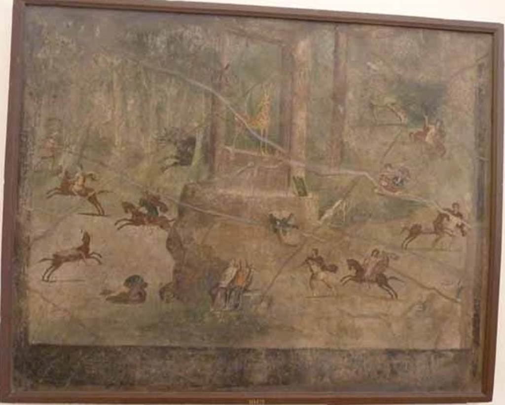 VII.15.2 Pompeii. May 2010. Slaughter of the Niobids from north wall of apodyterium. Apollo and his sister Artemis kill the children of Amphion and Niobe with poison arrows. This is in revenge for Niobe boasting that she had more children than their mother Latona. Now in Naples Archaeological Museum.  Inventory number 111479.
See Bragantini, I and Sampaolo, V., Eds, 2009. La Pittura Pompeiana. Verona: Electa.  (p. 270, Fig 115)
