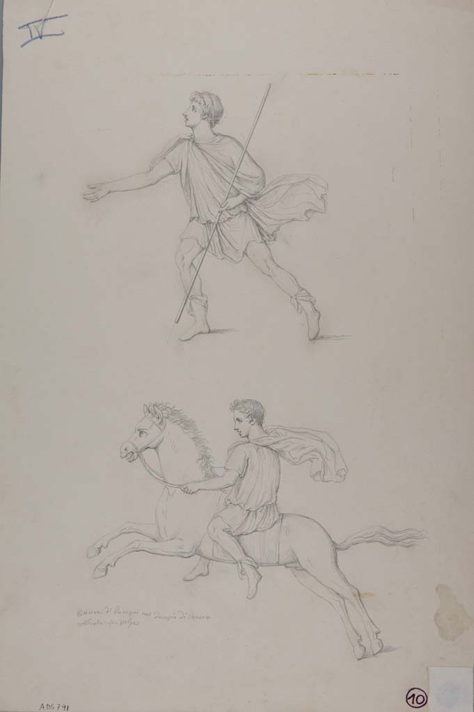 VII.15.2 Pompeii. Drawing by Nicola La Volpe, of detail from painting of Slaughter of the Niobids from north wall of apodyterium/exedra.  
Now in Naples Archaeological Museum. Inventory number ADS 791.
Photo © ICCD. http://www.catalogo.beniculturali.it
Utilizzabili alle condizioni della licenza Attribuzione - Non commerciale - Condividi allo stesso modo 2.5 Italia (CC BY-NC-SA 2.5 IT)
