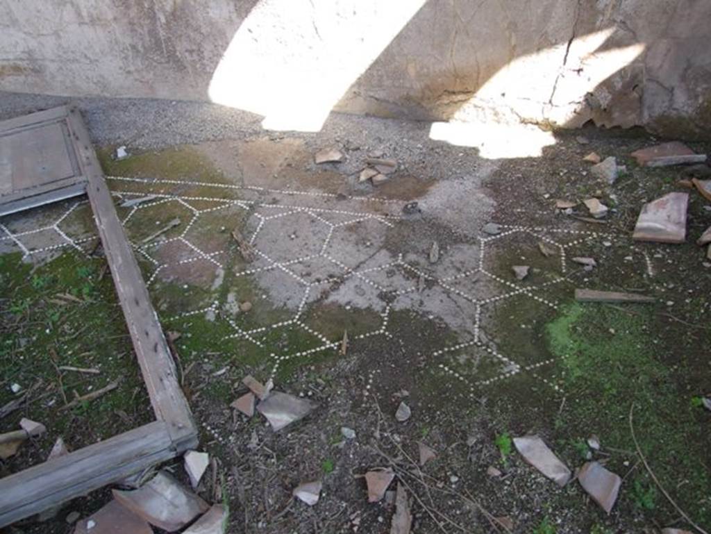 VII.15.2 Pompeii. March 2009. Looking towards east wall in apodyterium/exedra.
Decorated lavapesto floor with white marble tesserae making a double hexagon pattern.