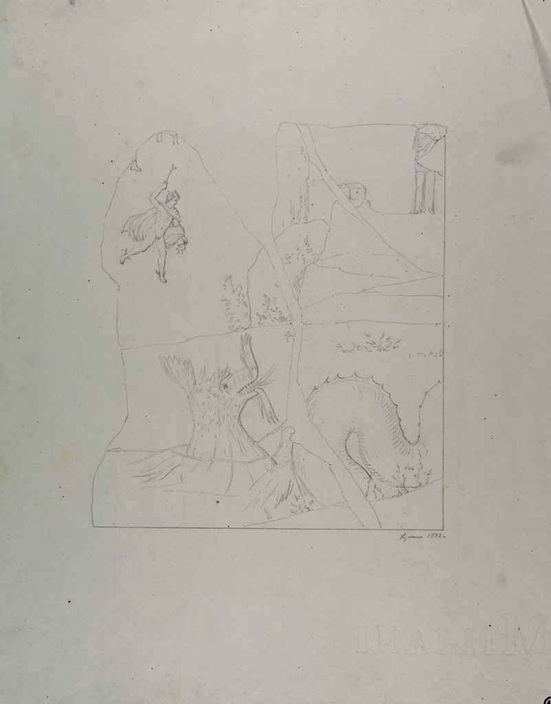 VII.15.2 Pompeii. Drawing by Geremia Discanno, 1872, of painting of the freeing of Andromeda by Perseus.
This painting was on the south wall, but the upper part of the painting had been destroyed.
See Sogliano, A., 1879. Le pitture murali campane scoverte negli anni 1867-79. Napoli: Giannini, p.90, no.517.
Now in Naples Archaeological Museum. Inventory number ADS 788.
Photo © ICCD. http://www.catalogo.beniculturali.it
Utilizzabili alle condizioni della licenza Attribuzione - Non commerciale - Condividi allo stesso modo 2.5 Italia (CC BY-NC-SA 2.5 IT)