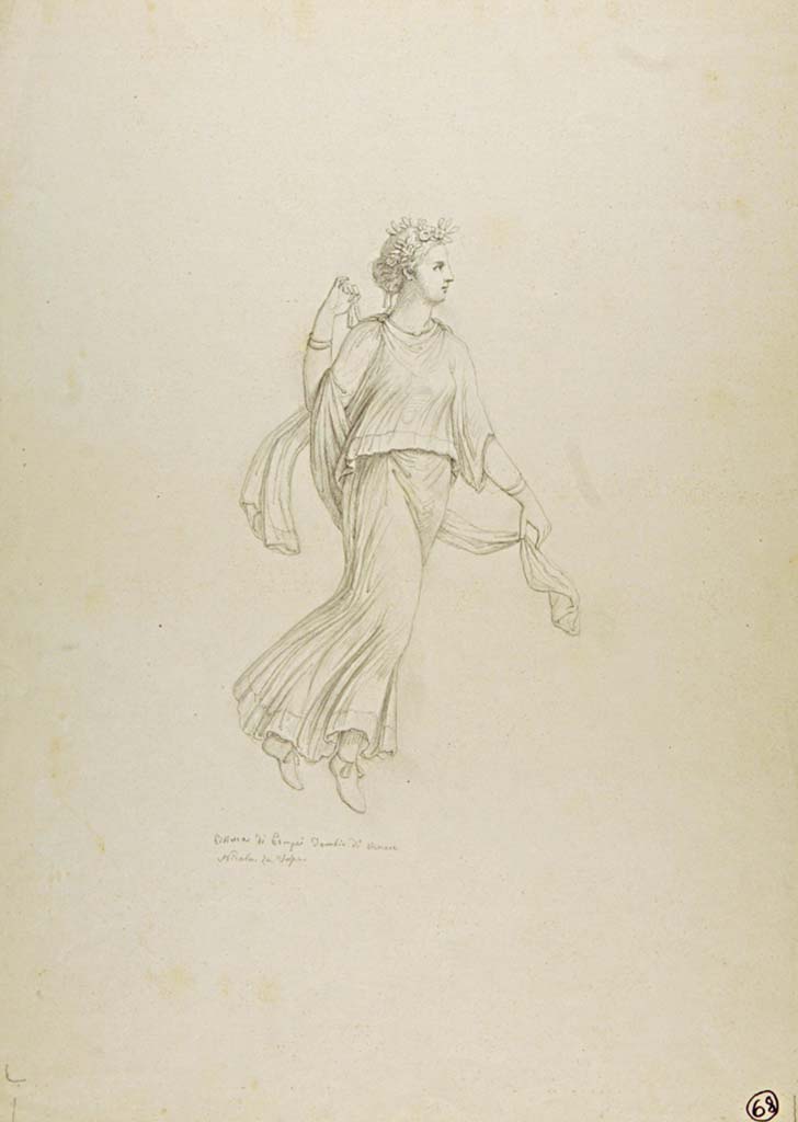 VII.15.2 Pompeii. Drawing by Nicola La Volpe, of female figure in flight, perhaps from this house.
Written on the drawing is “Pittura di Pompei Tempio di Venere” but he described all of his drawings from this house, in this way.
Now in Naples Archaeological Museum. Inventory number ADS 707.
Photo © ICCD. http://www.catalogo.beniculturali.it
Utilizzabili alle condizioni della licenza Attribuzione - Non commerciale - Condividi allo stesso modo 2.5 Italia (CC BY-NC-SA 2.5 IT)
See Carratelli, G. P., 1990-2003. Pompei: Pitture e Mosaici: Vol. VII. Roma: Istituto della enciclopedia italiana, p.758, no.101, where a very similar figure appears to be from the east end of the south wall.