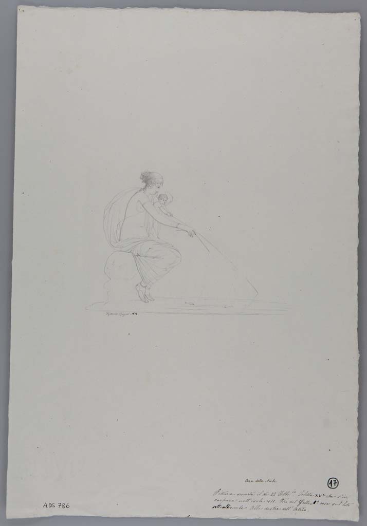 VII.15.2 Pompeii. Drawing by Geremia Discanno, 1872, of painting from south wall of east ala, showing Venus fishing.
See Sogliano, A., 1879. Le pitture murali campane scoverte negli anni 1867-79. Napoli: Giannini, p.36, no.147.
See Bullettino dell’Instituto di Corrispondenza Archeologica (DAIR), 1872, p.171.
Fiorelli, Scav. di Pompei, p.115, n.88, and Descrizione Pomp. P.305.
Now in Naples Archaeological Museum. Inventory number ADS 786.
Photo © ICCD. http://www.catalogo.beniculturali.it
Utilizzabili alle condizioni della licenza Attribuzione - Non commerciale - Condividi allo stesso modo 2.5 Italia (CC BY-NC-SA 2.5 IT)