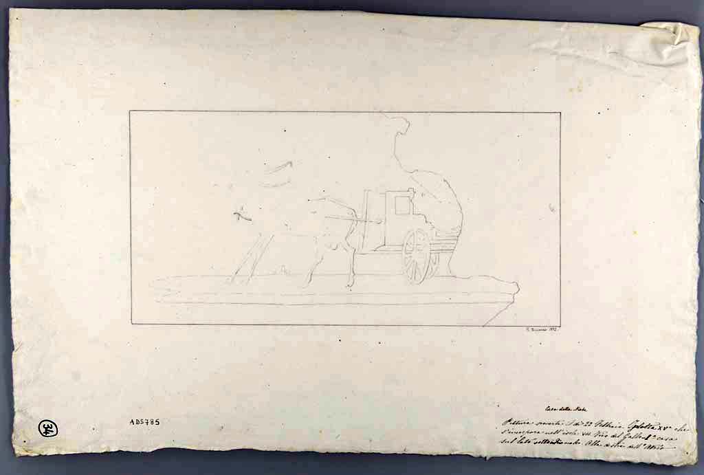 VII.15.2 Pompeii. 1872 drawing by G. Discanno of picture discovered on 22nd February. Cubiculum g.
According to ICCD,
Written on the drawing is “Casa della Niobe. Isoletta XVa che s'incorpora nell'isola VII. Vico del Gallo. 2a (corretto in Ia) casa sul lato settentrionale. Alla destra dell'Atrio”.
Il disegno riproduce il particolare di una pittura, oggi perduta, che decorava il cubicolo g della Casa del Marinaio a Pompei (VII 15, 2).
Now in Naples Archaeological Museum. Inventory number ADS 785.
Photo © ICCD. http://www.catalogo.beniculturali.it
Utilizzabili alle condizioni della licenza Attribuzione - Non commerciale - Condividi allo stesso modo 2.5 Italia (CC BY-NC-SA 2.5 IT)
