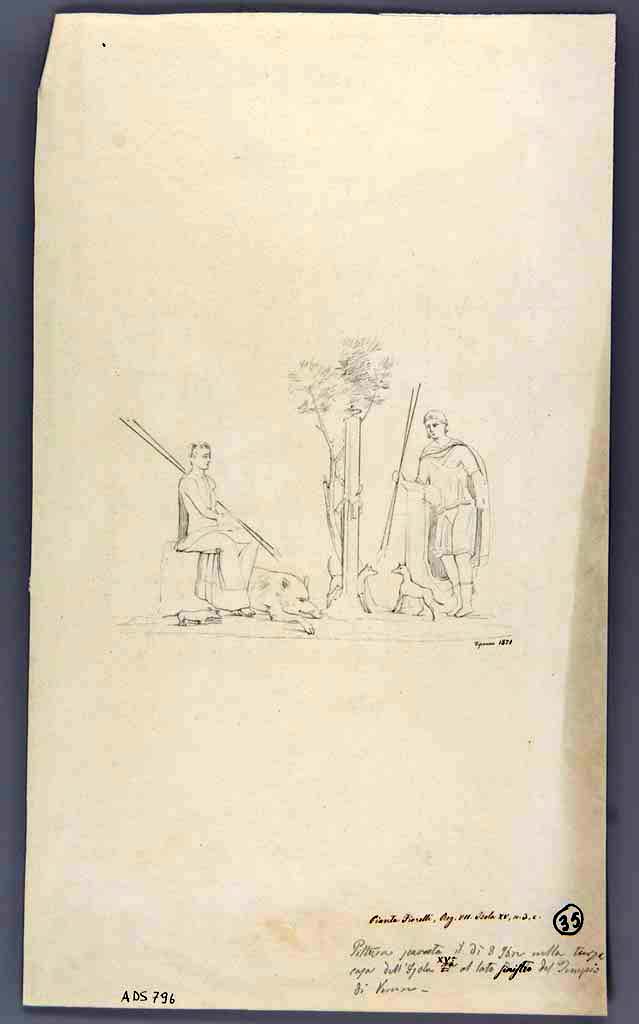 VII.15.3 Pompeii. 1871 drawing by G. Discanno of Atalanta and Meleager from south wall of oecus, on left side of entrance corridor.
Now in Naples Archaeological Museum. Inventory number ADS 796.
Photo © ICCD. http://www.catalogo.beniculturali.it
Utilizzabili alle condizioni della licenza Attribuzione - Non commerciale - Condividi allo stesso modo 2.5 Italia (CC BY-NC-SA 2.5 IT)
See Carratelli, G. P., 1990-2003. Pompei: Pitture e Mosaici: Vol. VII. Roma: Istituto della enciclopedia italiana, p. 772.