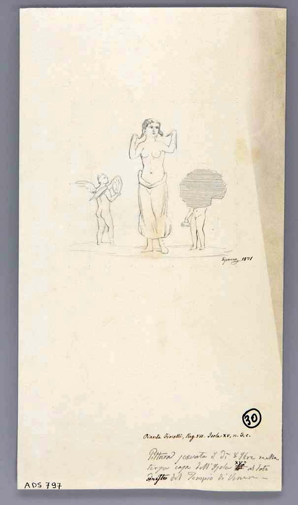 VII.15.3 Pompeii.
1871 drawing by G. Discanno of Venus at her toilette, assisted by two cupids.
Central painting from west wall of oecus.
Now in Naples Archaeological Museum. Inventory number ADS 797.
Photo © ICCD. https://www.catalogo.beniculturali.it
Utilizzabili alle condizioni della licenza Attribuzione - Non commerciale - Condividi allo stesso modo 2.5 Italia (CC BY-NC-SA 2.5 IT)
See Carratelli, G. P., 1990-2003. Pompei: Pitture e Mosaici: Vol. VII. Roma: Istituto della enciclopedia italiana, p. 774.
According to Sogliano –
Found in the oecus to the left side of the entrance corridor, were –
Mask of Silenus, p.41, no.174,
Toilet of Aphrodite, p.32, no. 131,
Flying cupid with red cloak, p.54, no.262,
Flying cupid with green cloak, p.54, no.263,
Flying cupid with red cloak and a lance, p.55, no.266,
Flying cupid with yellow ring on foot, p.55, no.267,
Flying cupid, seen from shoulders, with plate in his right hand, p.57, no.303,
Flying cupid with stck/baton in his left hand, p.60, no.337,
Nike, p.72, no.432,
Meleager, p.89, no.510.
See Sogliano, A., 1879. Le pitture murali campane scoverte negli anni 1867-79. Napoli: Giannini. (pages as given above).