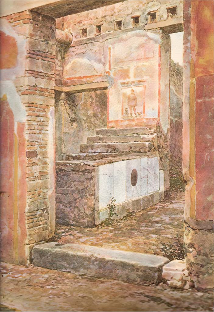 VII.15.5 Pompeii. Undated, c. 1913, watercolour painting by Luigi Bazzani.
Looking north-west from entrance doorway towards two-sided counter.
According to Gaedechens (1872), at the end of the counter on a pillar leading to the atrium, was found in very fresh colours a painting, which should count among the worst of Pompeii.
Under a painted temple arch is Mercury (height 0.52m) turned to the left, in short and white dress, from which two red stripes descend on the front; over this he wears a short reddish coat, spread at the back.
His winged hat is yellow-grey and tied under his chin by a red ribbon;
He wears brown boots adorned with some detached pieces; the greenish wings, however, protrude from the naked legs in a singular manner above the boots.
In the left arm rests the caduceus, in the right he holds a rimmed bag with three pendants; it is clearly of leather;
At his left is a colourful cockerel, on the right an omphalos wrapped in bandages and a black snake with white belly, crest and red beard:
In the upper field there are two peacocks facing each other.
See Bullettino dell’Instituto di Corrispondenza Archeologica (DAIR), 1872, p. 200f.
See Schefold, K., 1957. Die Wände Pompejis. Berlin: De Gruyter. (p. 207).
See Pappalardo, U., 2001. La Descrizione di Pompei per Giuseppe Fiorelli (1875). Napoli: Massa Editore. (p. 119).
See Sogliano, A., 1879. Le pitture murali campane scoverte negli anni 1867-79. Napoli: Giannini. (p. 15, no. 40).