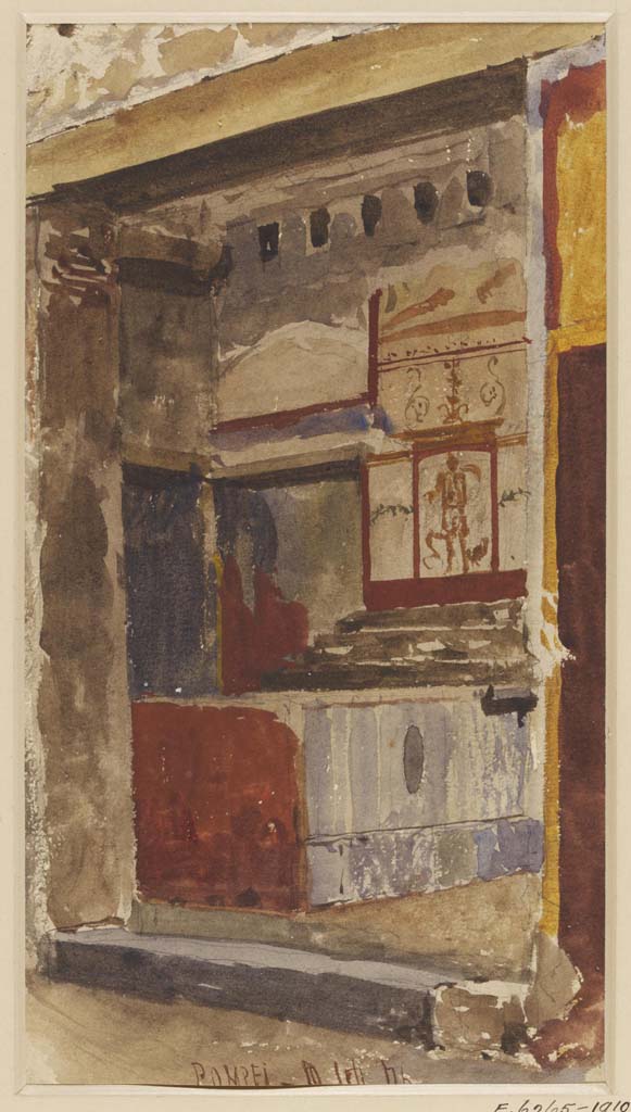 VII.15.5 Pompeii. 10th September 1876. Watercolour by Luigi Bazzani.
Looking towards the interior of a shop in the Vicolo del Gallo at Pompeii.
Photo © Victoria and Albert Museum. Inventory number 2033-1900.