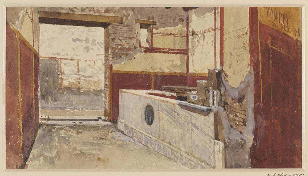 VII.15.5 Pompeii. 11th September 1876. Watercolour by Luigi Bazzani.
Looking south towards interior of entrance doorway, with two-sided counter, on right.
Photo © Victoria and Albert Museum. Inventory number 2032-1900.