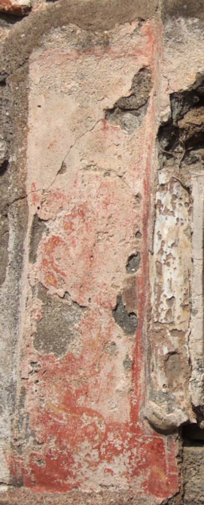 VII.15.5 Pompeii. September 2005. West side of niche.
Red panel with remains of painted yellow and black serpent coiling upwards, with the head at the top.
See Boyce G. K., 1937. Corpus of the Lararia of Pompeii. Rome: MAAR 14. (p. 72, no.330, plate 12,3).