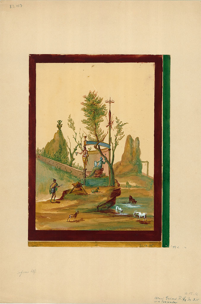 VII.15.13 Pompeii. 21st October 1885 watercolour painting of sacred landscape. North wall of triclinium.
The temple canopy is supported by a herm of Dionysus holding a kantharos and a thyrsus.
Artemis, identified by her crown, bow, quiver, lance and the crown at the top of the pole, is sitting in the temple.
See Carratelli, G. P., 1990-2003. Pompei: Pitture e Mosaici: Vol. VII. Roma: Istituto della enciclopedia italiana, p. 832-3.
DAIR 83.157. Photo © Deutsches Archäologisches Institut, Abteilung Rom, Arkiv.
See Kuivalainen, I., 2021. The Portrayal of Pompeian Bacchus. Commentationes Humanarum Litterarum 140. Helsinki: Finnish Society of Sciences and Letters, p.89-90, A12.