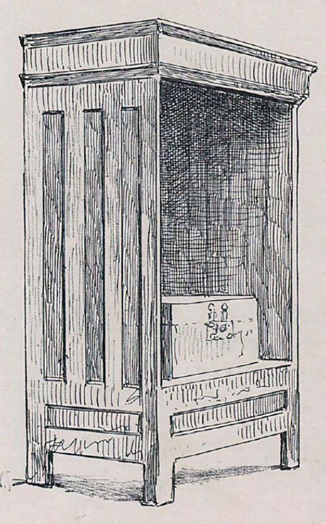 VII.15.13 Pompeii. Wooden cupboard or apotheca, found in this house.
Reconstruction on display in Pompeii Museum prior to 1943 bombing, drawn by Pierre Gusman.
According to Gusman this was provenanced from VII.15.12 and on the Eschebach plan, this is number 12, which according to Garcia y Garcia is correct.
See Garcia y Garcia, L., 2006. Danni di guerra a Pompei. Rome: L’Erma di Bretschneider. (P.183, fig..425)
See Gusman P., 1899. Pompei : La Ville, Les Mœurs, Les Arts. Paris: Société française d'éditions d'art, (p.312)