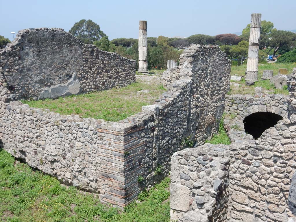 VII.16.1 Pompeii, lower level of photo. June 2019. Looking north to room 20, of VII.16.13, on south side of peristyle, on a slightly higher level. Photo taken from VII.16.10. Photo courtesy of Buzz Ferebee.