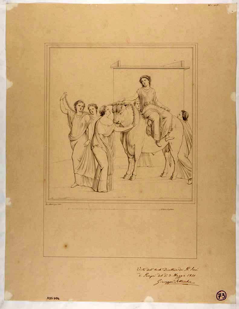 VII.16.10 Pompeii. Drawing by Giuseppe Abbate, 1851, of painting of Europa on the Bull seen on wall in tablinum, but badly preserved.
Now in Naples Archaeological Museum. Inventory number ADS 804.
Photo © ICCD. http://www.catalogo.beniculturali.it
Utilizzabili alle condizioni della licenza Attribuzione - Non commerciale - Condividi allo stesso modo 2.5 Italia (CC BY-NC-SA 2.5 IT)