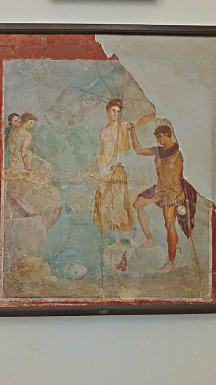 VII.16.10 Pompeii. Found on 20th Feb 1851, in oecus on west side of atrium, adjoining the tablinum.
Wall painting of Perseus freeing Andromeda.
Cut from the wall and taken to Naples Archaeological Museum. Inventory number 8997.
Photo courtesy of Giuseppe Ciaramella, November 2018.