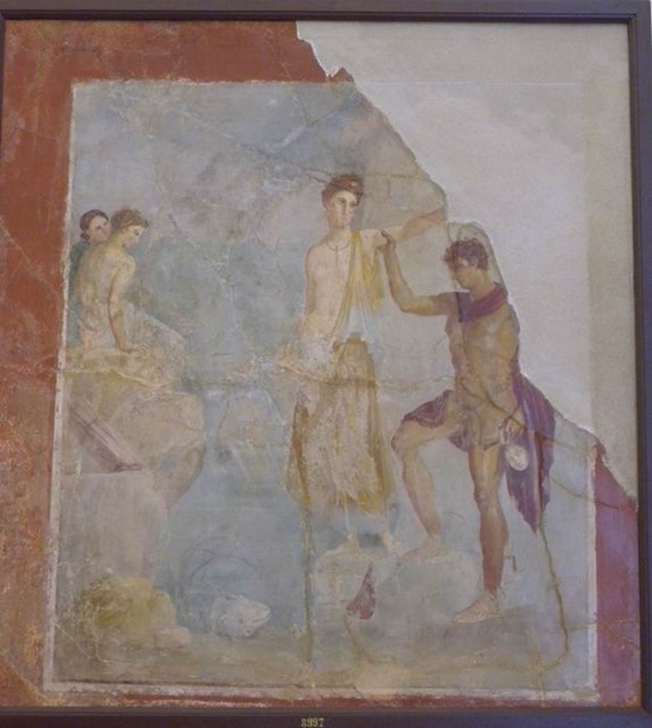 VII.16.10 Pompeii. Found on 20th Feb 1851. Oecus (10) on west side of atrium, adjoining the tablinum. Wall painting of Perseus freeing Andromeda. Cut from the wall and taken to Naples Archaeological Museum. Inventory number 8997. See Prisciandaro, R., 2006. Studio sulle provenienze degli oggetti rinvenuti negli scavi borbonici del regno di Napoli. Naples : Nicola Longobardi. (p.165). PAH II, 493.