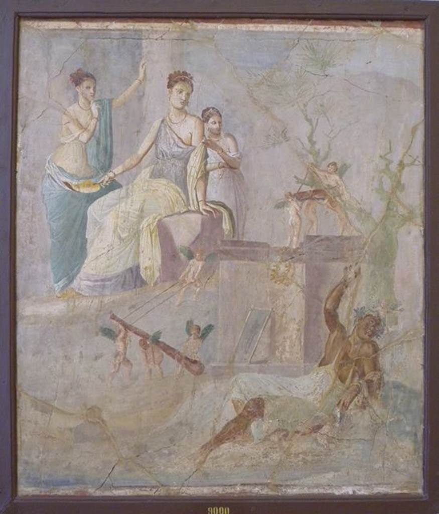 VII.16.10 Pompeii. Found on 20th Feb 1851. Oecus (10) on west side of atrium, adjoining the tablinum. Wall painting the drunken Hercules with Omphale and cupids who are stealing his club. Cut from the wall and taken to Naples Archaeological Museum. Inventory number 9000. See Prisciandaro, R., 2006. Studio sulle provenienze degli oggetti rinvenuti negli scavi borbonici del regno di Napoli. Naples : Nicola Longobardi. (p.165).
PAH II, 493.