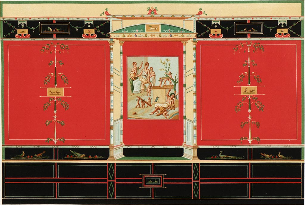 VII.16.10 Pompeii. Painting by Vincenzo Mollame of the wall of the oecus, with painting of Hercules and Omphale in the centre.
This was published by Niccolini in 1890 who describes it as being found 30 years previously in the Casa di Sirico.
However, the Hercules and Omphale painting is not identical to that in the Casa di Sirico which has more figures in its background.
The wall decoration is completely different from that in the Casa di Sirico which has more architectural features, yellow panels and an arabesque upper border.
This Mollame painting corresponds with the painting by Abbate, ADS 805, the fresco MANN 9000, and the watercolour ADS 806, all from VII.16.10.
See Niccolini F, 1890. Le case ed i monumenti di Pompei: Volume Terzo. Napoli, L’Arte in Pompei, Tav. XXX.
Our thanks to Justin Hicks for his help with this.