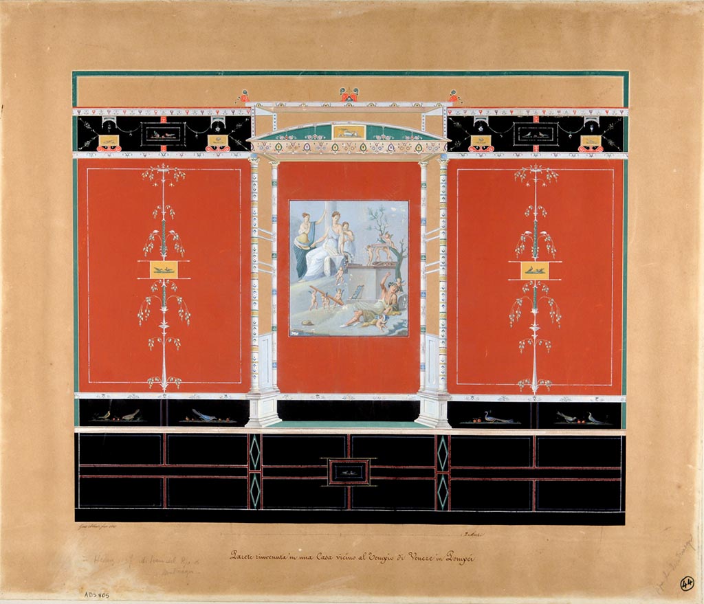 VII.16.10 Pompeii.
Painting by Giuseppe Abbate, 1861, of the wall of the oecus, with painting of Hercules and Omphale in the centre which was found ten years previously.
Now in Naples Archaeological Museum. Inventory number ADS 805.
Photo © ICCD. https://www.catalogo.beniculturali.it/
Utilizzabili alle condizioni della licenza Attribuzione - Non commerciale - Condividi allo stesso modo 2.5 Italia (CC BY-NC-SA 2.5 IT)