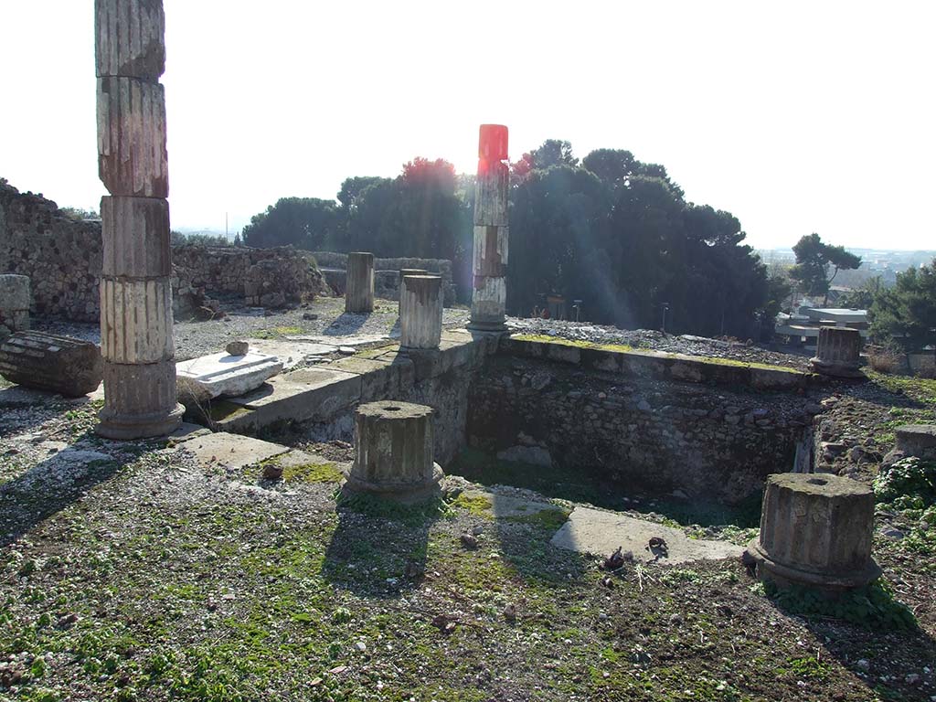 VII.16.13 Pompeii. December 2007. Area 18, pool in peristyle looking south-west.
According to Jashemski, the peristyle garden at the rear of the tablinum was enclosed by a portico on four sides, supported by 14 columns.
There was a large pool at the south end of the garden.
See Jashemski, W. F., 1993. The Gardens of Pompeii, Volume II: Appendices. New York: Caratzas. (p.201)