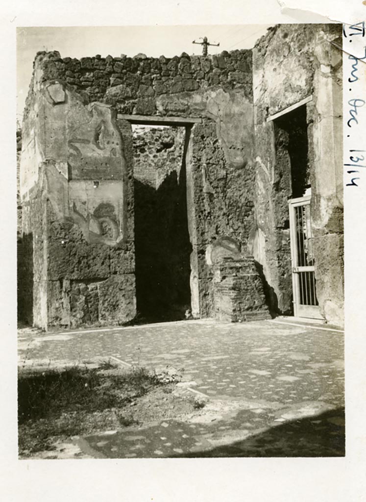 VII.16.13/14 Pompeii. Pre-1937-39. North-east corner of atrium, with doorway to room 5, in centre.
Between the two doorways are the remains of the brick base of a shrine to the household gods.
The doorway on the right leads to VII.6.14.
Photo courtesy of American Academy in Rome, Photographic Archive. Warsher collection no. 1743.