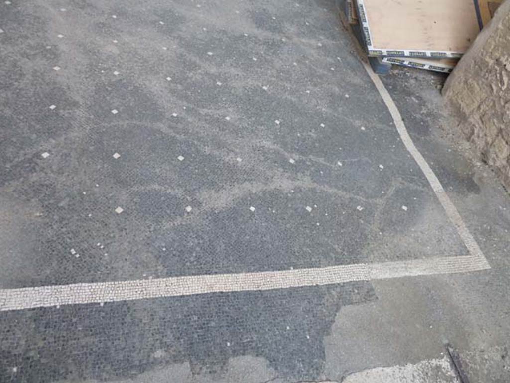 VII.16.22 Pompeii. September 2015. Mosaic floor in atrium, from entrance doorway.
According to NdS –
“Immediately to the right of the entrance doorway was a small room with high stairs, in which was found on the left, the first of a masonry stair, leading to an upper floor.”
See Notizie degli Scavi, 1910, (p.557)