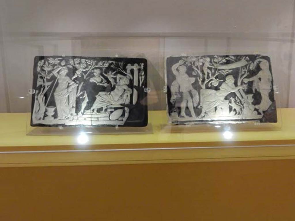 VII.16.17-22, Pompeii. May 2018. Found in the area outside the House of Fabius Rufus.
Two cameo-glass panels, Archaeological Park of Pompeii, inv. nos. 153651 and 153652.
Photo courtesy of Buzz Ferebee.