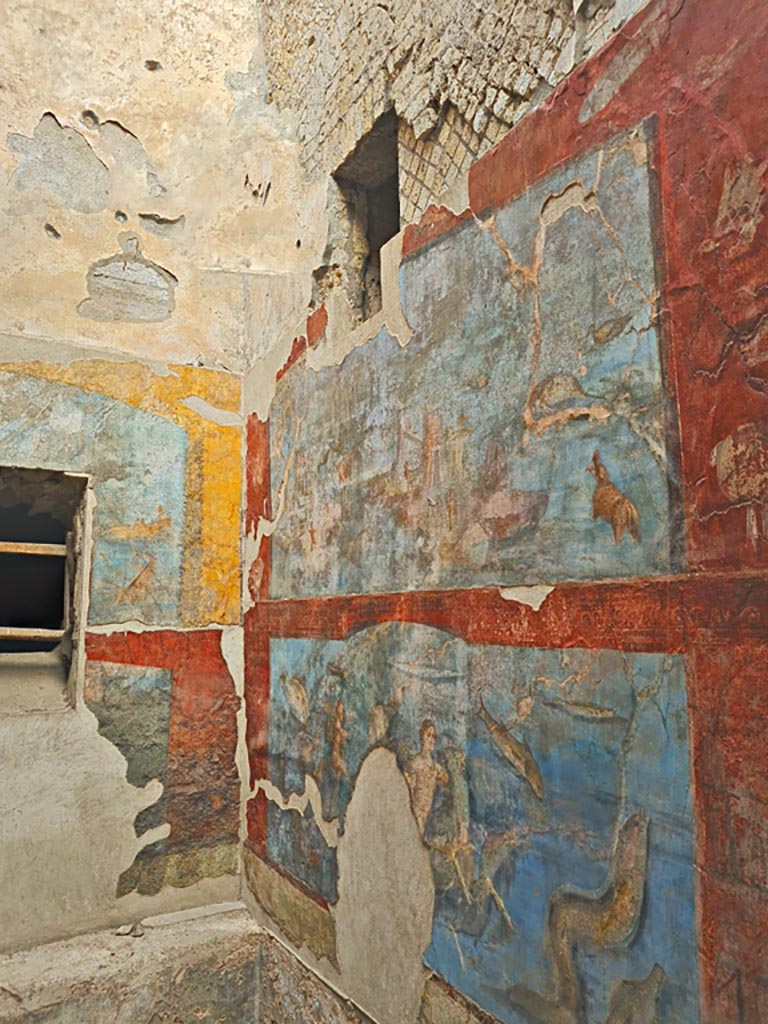 VII.16.a Pompeii. November 2023.
Room 9, north-east corner and east wall. Photo courtesy of Giuseppe Ciaramella.