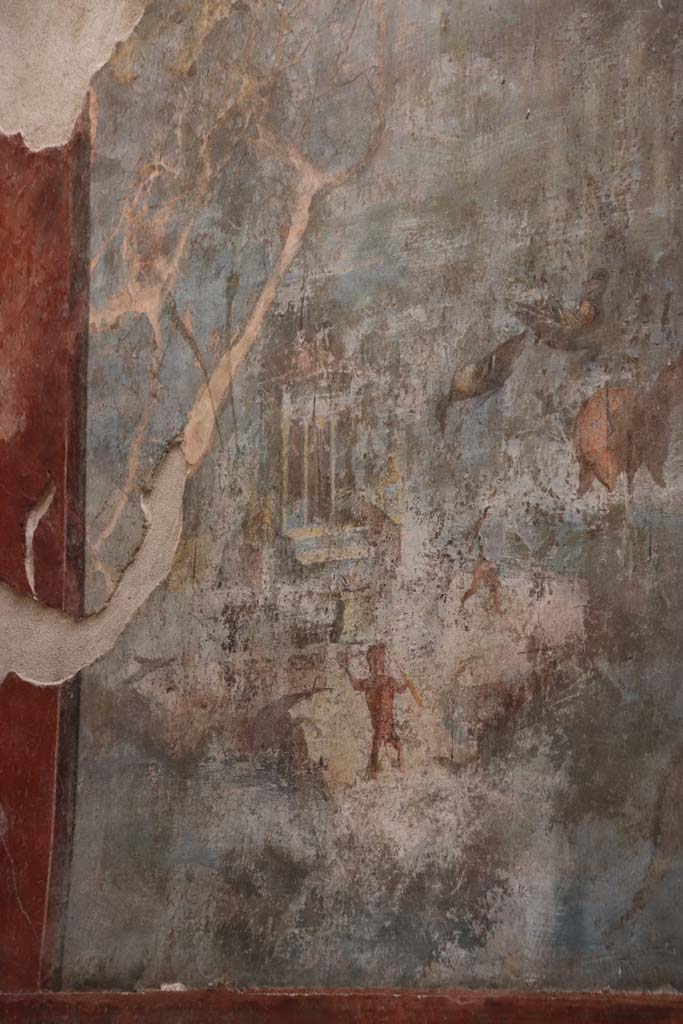 VII.16.a Pompeii. October 2020.
Room 9, detail of marine scene from north end of east wall. Photo courtesy of Klaus Heese.