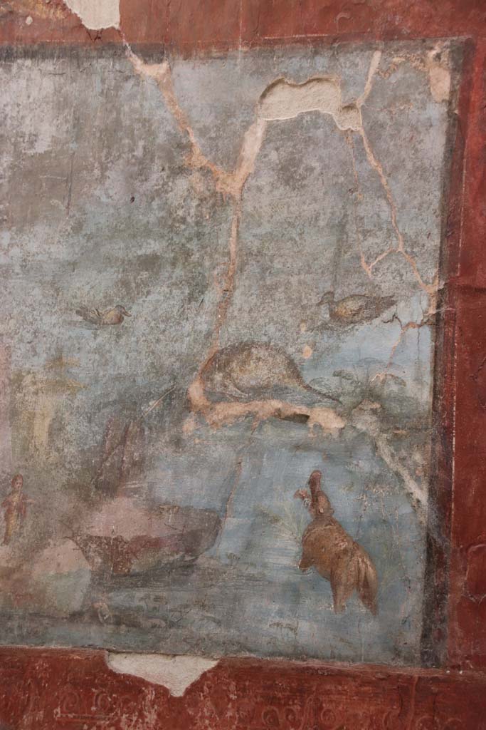 VII.16.a Pompeii. October 2020. Room 9, detail from upper part of east wall at south end.
Photo courtesy of Klaus Heese.
