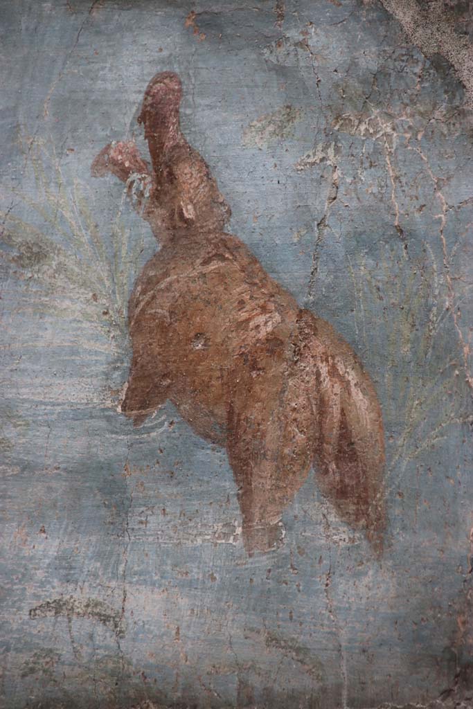 VII.16.a Pompeii. October 2020. Room 9, detail from upper part of south end of east wall.
Photo courtesy of Klaus Heese.