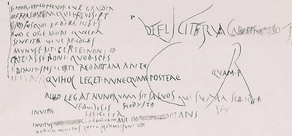 VIII.1.1 Pompeii. Drawing of scratched graffiti from Basilica. 
Si potes et non vis cur gaudia
differs spemque foves et
cras usque redire iubes [er]
go coge mori quem
sine te vivere cogis(!)
munus erit certe non
cruciasse boni quod spes
eripuit spes certe redd[i]t amanti

Written later:

qui hoc leget nuncquam posteac quam p()
ale(u)d legat nunquam sit salvos
qui supra scripsit
vere dicis
Hedysto
Feliciter      [CIL IV 1837]

Invit[3]
invitus [re]g(ina?) (t)uo [de lit]ore(?) me[3] Optatus seu
verum equites cupio [3]mus uni[
[CIL IV 1837a]

See Corpus Inscriptionum Latinarum Vol. IV, 1871. Berlin: Reimer, p. 117, Tav. XXIV no.1.

