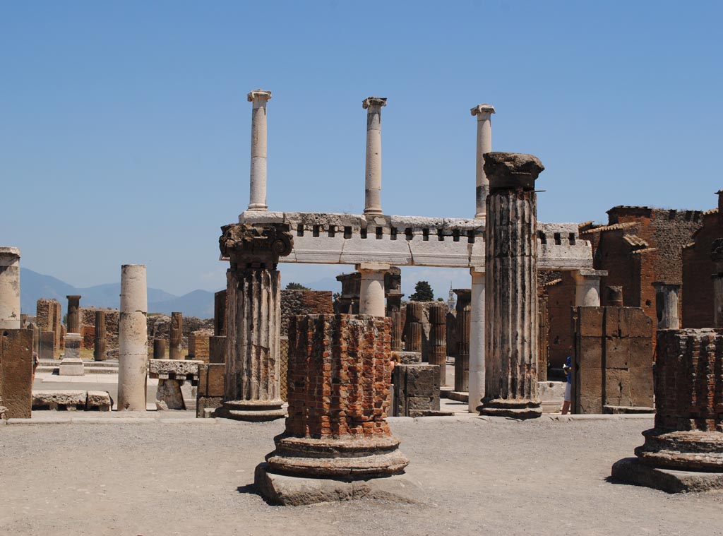 VIII.1.1 Pompeii. July 2012. Looking east towards south end of the Forum.
Photo courtesy of John Vanko. His father took the identical photo in February 1952, see below.