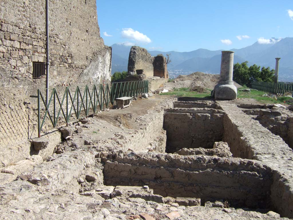 VIII.1.3 Pompeii. September 2005. Looking south from north-east corner.
According to Carroll, the white “monument” at the south end was an unfinished column of limestone for a votive offering.
This was brought in and worked on after 62 AD.
See: Carroll, M. (2010): Exploring the sanctuary of Venus and its sacred grove: politics, cult and identity in Roman Pompeii.
In: Papers of the British School at Rome 78, (2010) pp.63-106.