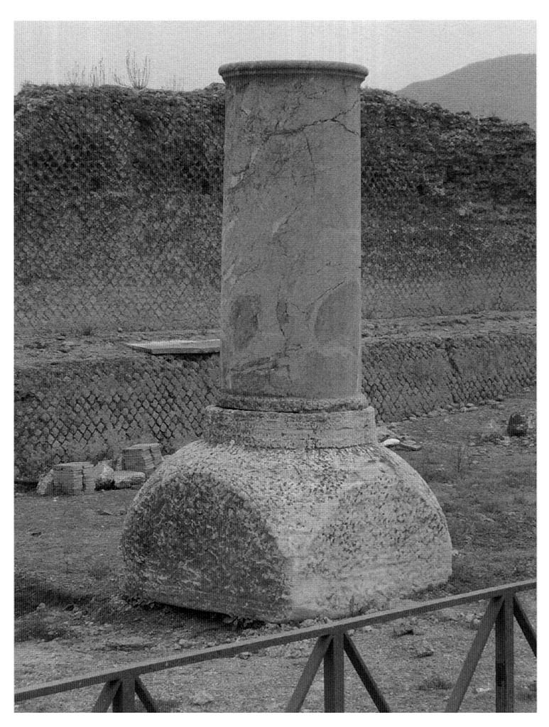 VIII.1.3 Pompeii. Unfinished column of Portasanta limestone for a votive offering, brought in and worked on after AD 62.
The column shaft rests today on an unfinished column capital of Proconnesian marble.
Photo courtesy of M. Carroll.
See Carroll M., 2010. Exploring the sanctuary of Venus and its sacred grove: politics, cult and identity in Roman Pompeii. Papers of the British School at Rome 78, p.92 plate 24.