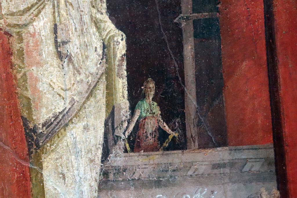 VIII.1.4 Pompeii Antiquarium. February 2021.
Detail from painted wall with architectural views from the Vesuvian region, on display in Pompeii Antiquarium.
Photo courtesy of Fabien Bièvre-Perrin (CC BY-NC-SA).