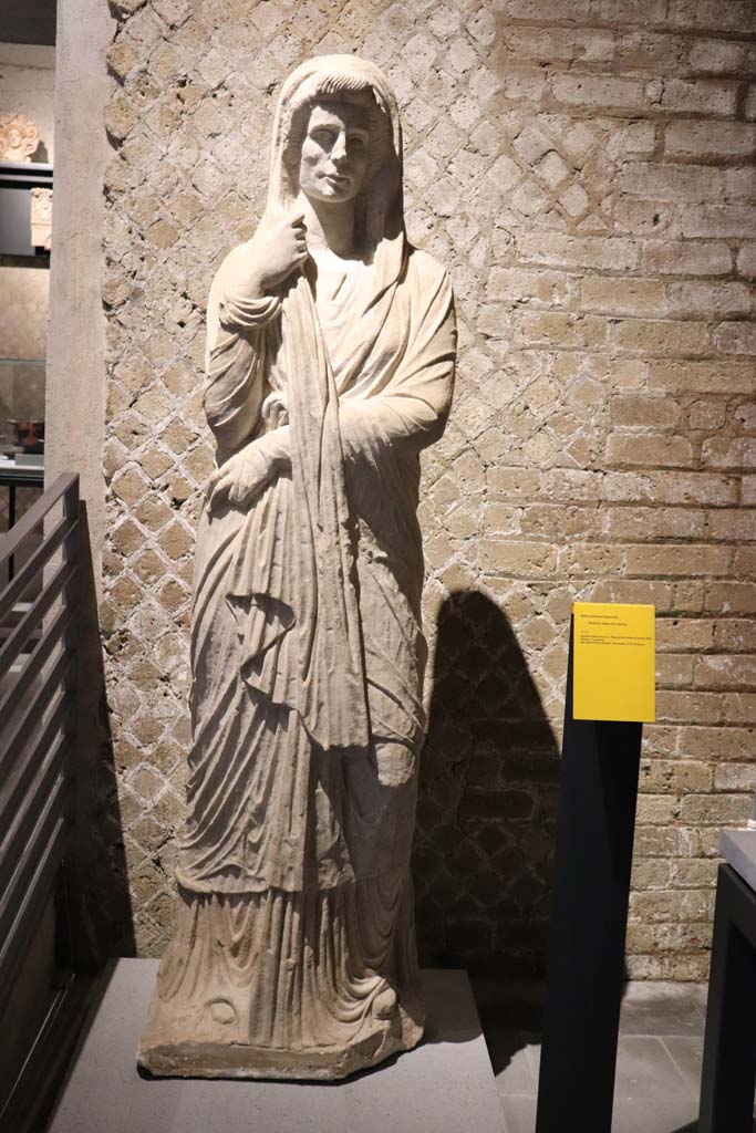 VIII.1.4 Pompeii. February 2021.
Limestone funerary statue of a woman, on display in Antiquarium, from Tomb 6EN at Porta Nocera,
Photo courtesy of Fabien Bièvre-Perrin (CC BY-NC-SA).