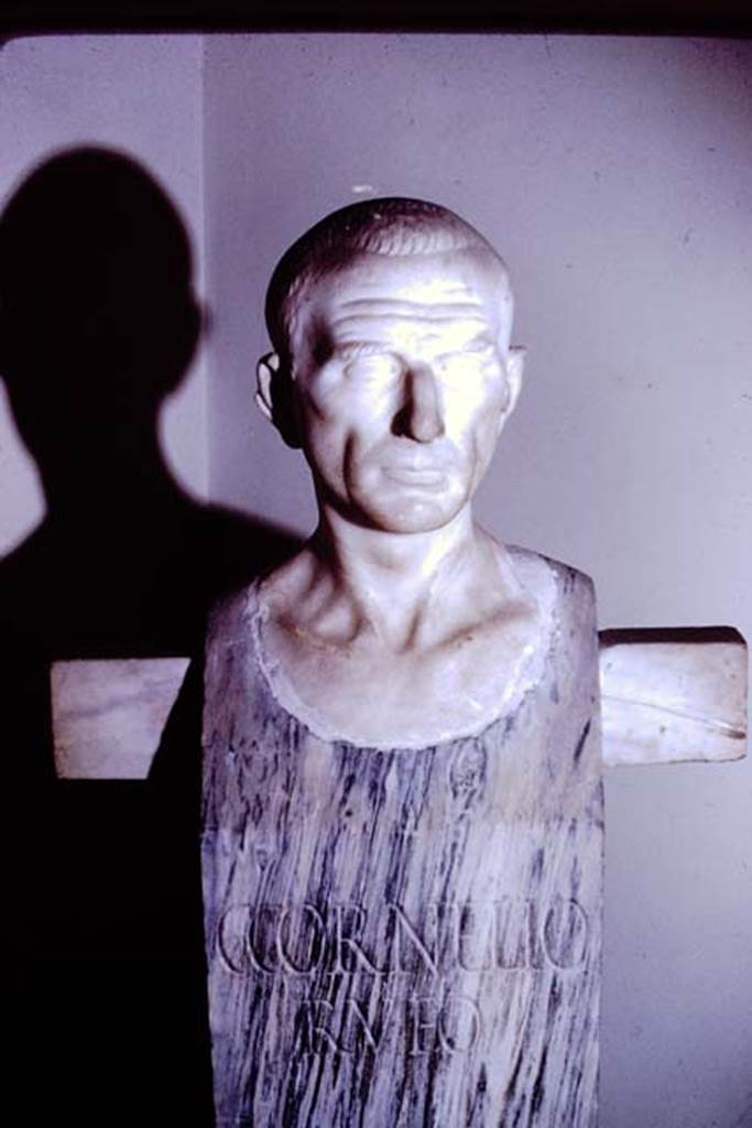 VIII.1.4 Pompeii Antiquarium. 1972. Sala di Livia. Herm of Cornelius Rufus from VIII.4.15.
Photo by Stanley A. Jashemski.
Source: The Wilhelmina and Stanley A. Jashemski archive in the University of Maryland Library, Special Collections (See collection page) and made available under the Creative Commons Attribution-Non-Commercial License v.4. See Licence and use details.
J72f0528