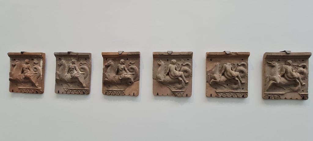 VIII.1.4 Pompeii Antiquarium. April 2022.
Terracotta slabs with nereids on tritons (from Pompeii), which may have been found during the excavation of the foundations of the Greek temple.
Photo courtesy of Giuseppe Ciaramella.