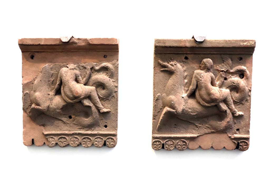 VIII.1.4 Pompeii. February 2021. Terracotta slabs with nereids on tritons (from Pompeii).
Photo courtesy of Fabien Bièvre-Perrin (CC BY-NC-SA).