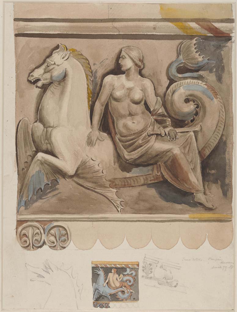 VIII.1.4, Antiquarium, Pompeii. Terracottas in Pompeii Museum, March 1879.
Painting by Sydney Vacher of Terracotta fragments in basso-relief of a Nereid sitting on the back of a seahorse
Photo © Victoria and Albert Museum, inventory number E.4439-1910.
According to Fiorelli – there were quite a number of fragments of these “grondaia” (waterspouts) on display, numbered 975-84.
These were described as “frammenti di grondaia, esibenti in bassorilievo una Nereide seduta sul dorso di un cavallo marino”.
See Fiorelli, G. Guida di Pompei, 1897, (p.103).