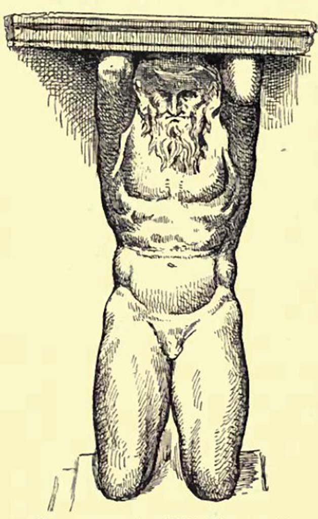 VIII.1.4 Pompeii Antiquarium. Drawing by Gusman of terracotta Telamon supporting a table, from Pompeii Museum.
See Gusman P., 1900. Pompeii: The City, Its Life & Art. London: Heinemann, (p.402).
According to Fiorelli, in the museum was a terracotta telamon, kneeling, and supporting a table on his head (Reg. VII. Ins. occid. n. 10).
See Fiorelli, G., 1877. Guida di Pompei. (p.108).