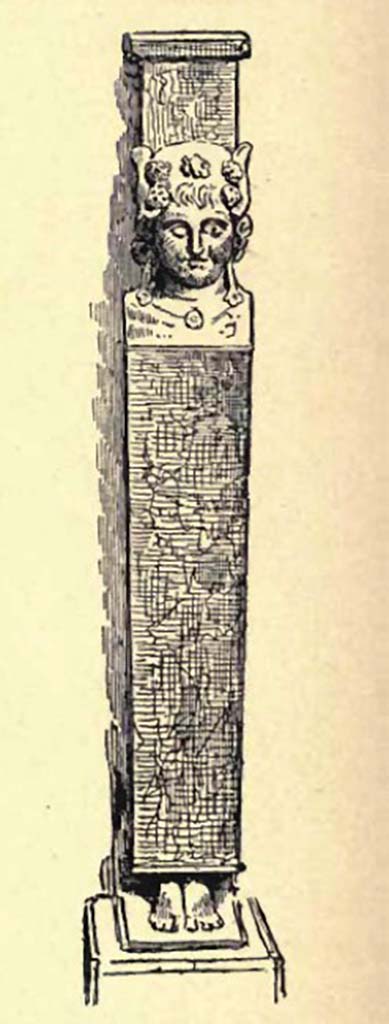 VIII.1.4 Pompeii Antiquarium. Drawing by Gusman of marble foot of table, monopodium, from Pompeii Museum.
See Gusman P., 1900. Pompeii: The City, Its Life & Art. London: Heinemann, (p.398).
According to Fiorelli, the table-leg was made of coloured marble leaning on which was a herm made from “giallo antico” which represented a Bacchante crowned with vine-leaves and pinecones.
See Fiorelli, G., 1877. Guida di Pompei. (p.108).