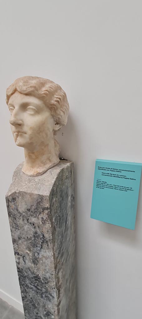 VIII.1.4 Pompeii. April 2022.
Marble herm with the head of a woman, conventionally identified as Poppea Sabina.
This was found on eastern side of the garden, in Villa A, at Oplontis. 
Photo courtesy of Giuseppe Ciaramella.
