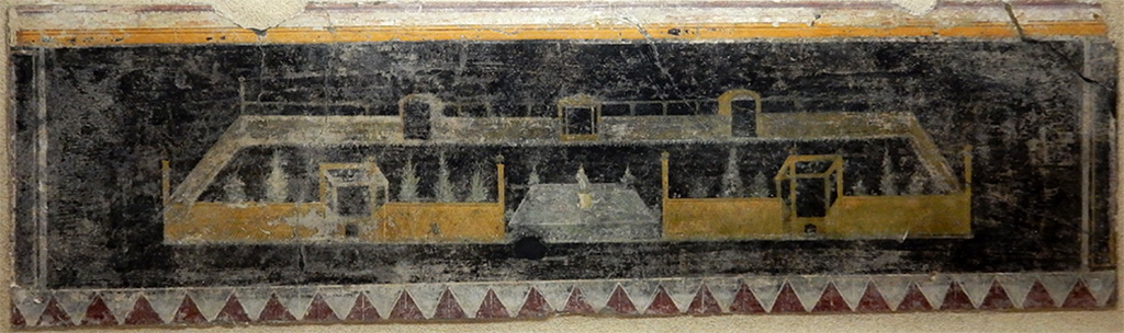 VIII.1.a Pompeii. May 2018. Garden fresco from external portico on western side of villa.
The fresco panel reproduces the layout of a garden and testifies to the ancient Pompeians attention the art of topiary.
Now in Boscoreale Antiquarium. Photo courtesy of Buzz Ferebee.
See http://pompeiisites.org/boscoreale/antiquarium-sala-i/