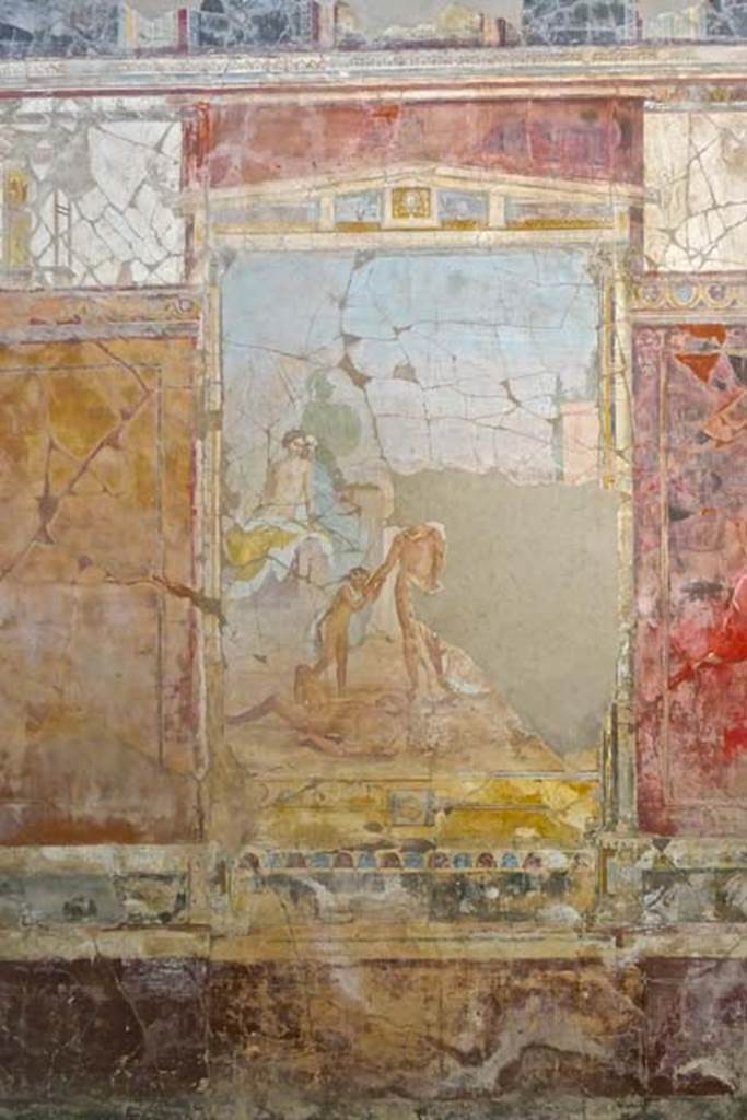 VIII.1.a, Pompeii. June 2017. Central wall painting from east wall of oecus A.
Photo courtesy of Michael Binns.