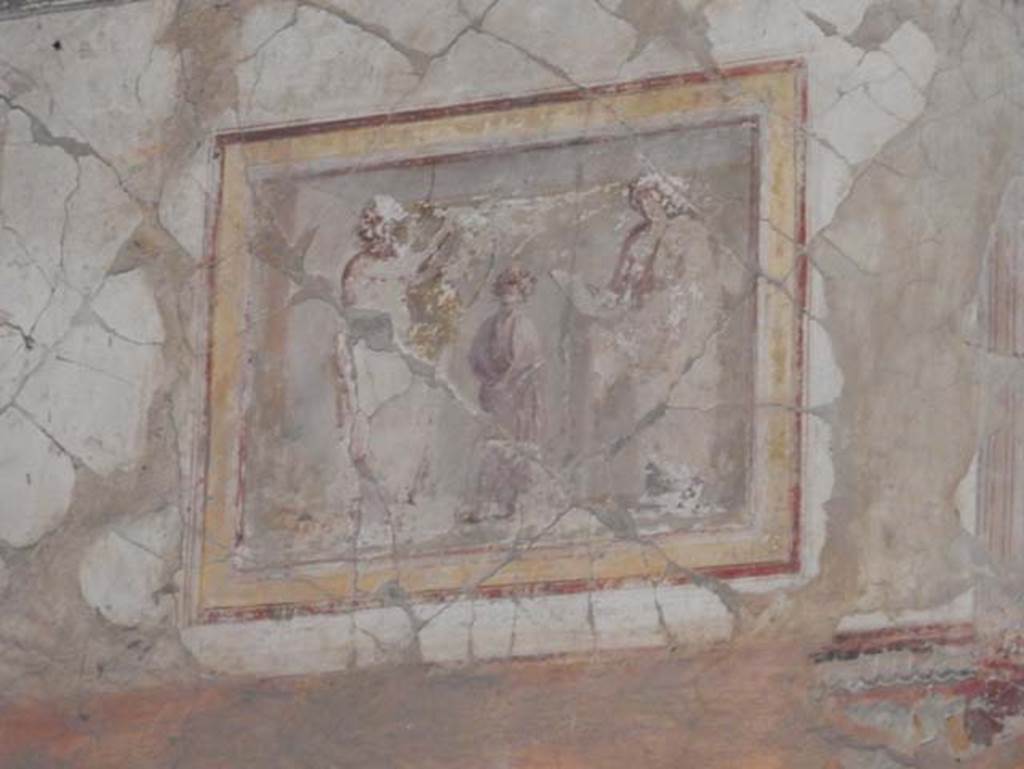 VIII.1.a Pompeii. May 2018. Painted panel of Alcaeus and Sappho from north end of east wall of oecus A. Photo courtesy of Buzz Ferebee.