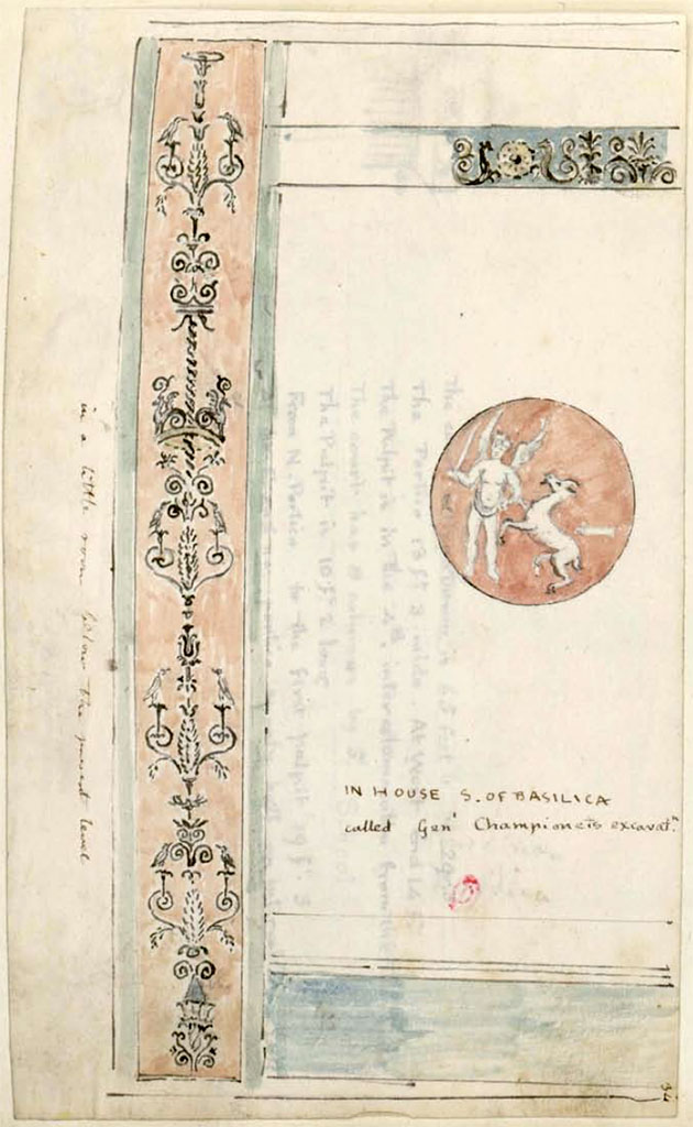 VIII.2.1 Pompeii. Between 1819 and 1832, drawing by W. Gell of detail of decoration from west wall of triclinium, or cubiculum (n in PPP).
See Gell, W. Pompeii unpublished [Dessins de l'édition de 1832 donnant le résultat des fouilles post 1819 (?)] vol II, pl. 19.
Bibliothèque de l'Institut National d'Histoire de l'Art, collections Jacques Doucet, Identifiant numérique Num MS180 (2).
See book in INHA Use Etalab Licence Ouverte
