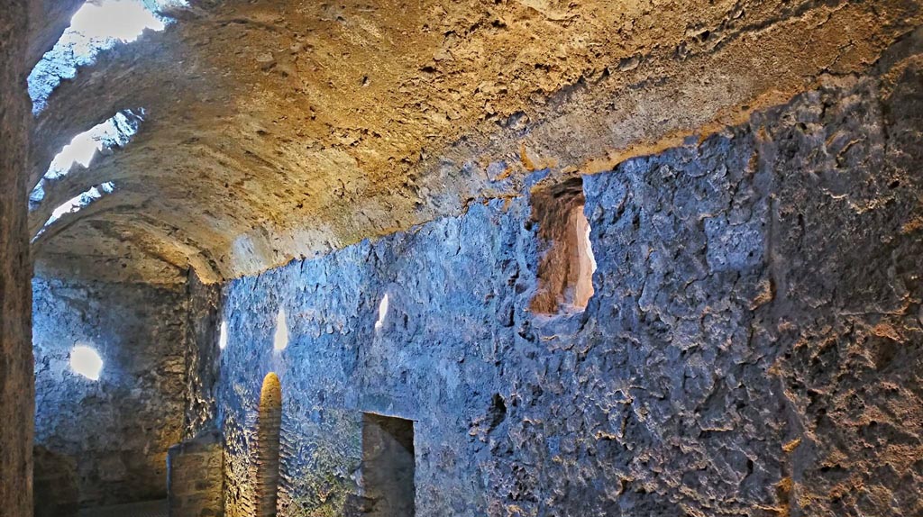 VIII.2.1 Pompeii. 2017/2018/2019.
Lower level 1, looking west along upper north wall in corridor/cryptoporticus 25. Photo courtesy of Giuseppe Ciaramella.