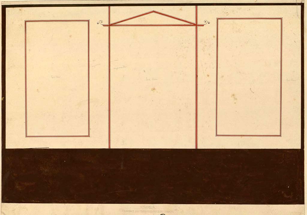 VIII.2.1 Pompeii. Between 1823 and 1828 painting by F. Duban showing west wall of a lower floor room.
See Duban F. Album de dessins d'architecture effectués par Félix Duban pendant son pensionnat à la Villa Medicis, entre 1823 et 1828: Tome 2, Pompéi, pl. 52.
INHA Identifiant numérique NUM PC 40425 (2)
https://bibliotheque-numerique.inha.fr/idurl/1/7157 « Licence Ouverte / Open Licence » Etalab