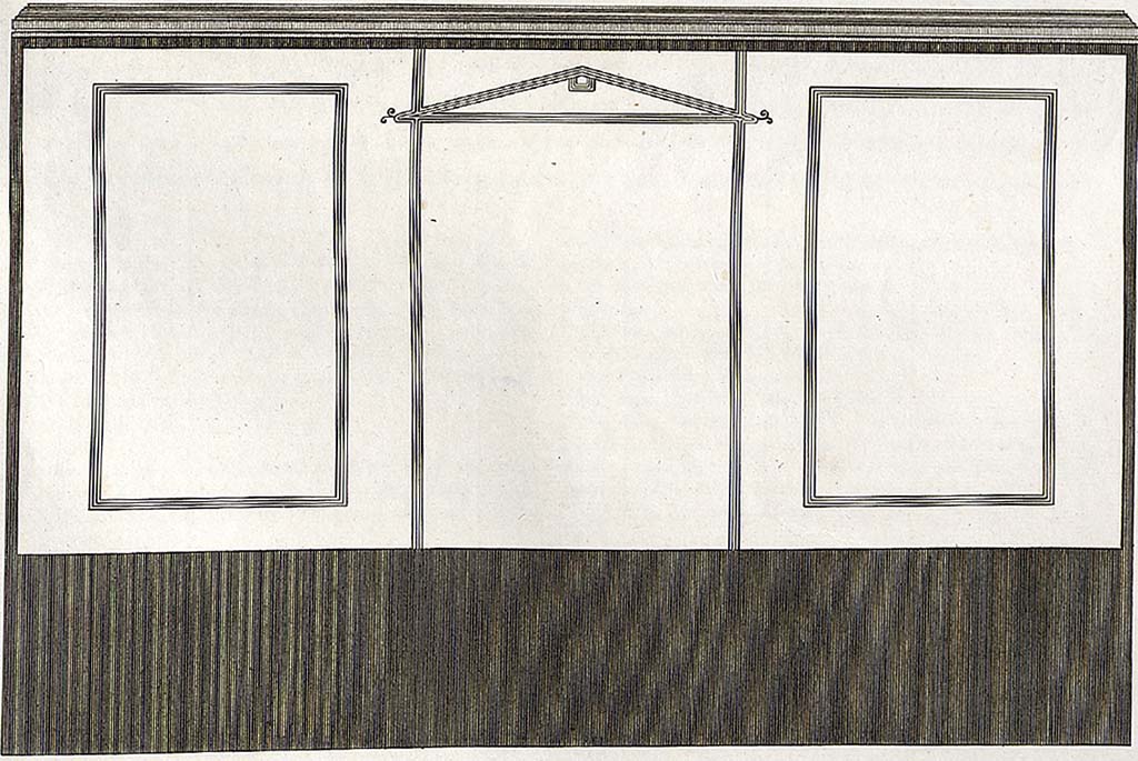 VIII.2.1 Pompeii. 1824 drawing by Mazois of wall (ambiente 24 in PPP, room next to stairs in Schefold WP).
See Mazois, F., 1824. Les Ruines de Pompei: Second Partie. Paris: Firmin Didot. (Plate XXIII fig 5).
See Schefold, K., 1957. Die Wände Pompejis. Berlin: De Gruyter. (p. 210).